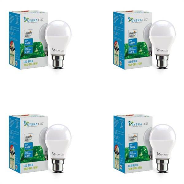 SYSKA 15W LED Bulbs with Energy Saving, No Mercury, Up To 50000 Hours- (White)- Pack of 4